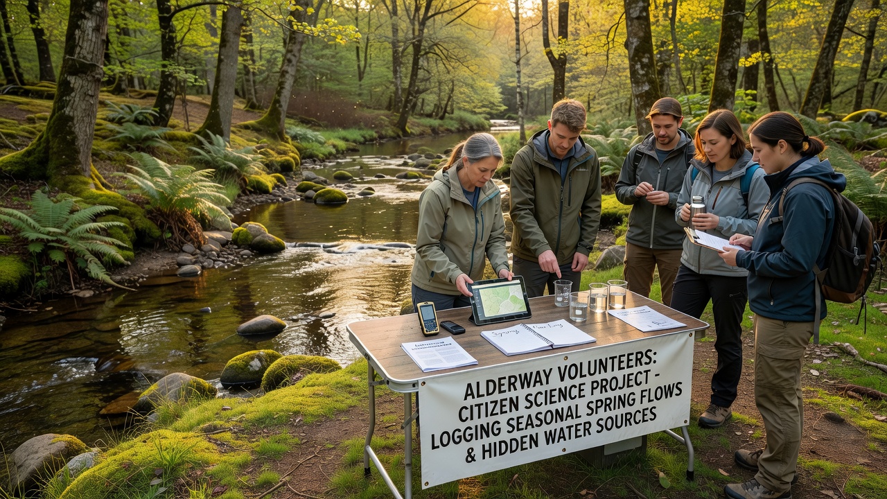 Group of volunteers examining a hidden seepage site with notebooks and measurement devices in the Alderway valley
